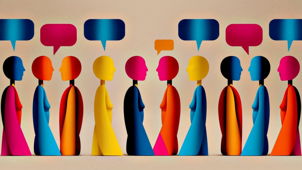 Stylized image of pink, orange, yellow, and blue people facing each other with thought bubbles over their heads. 